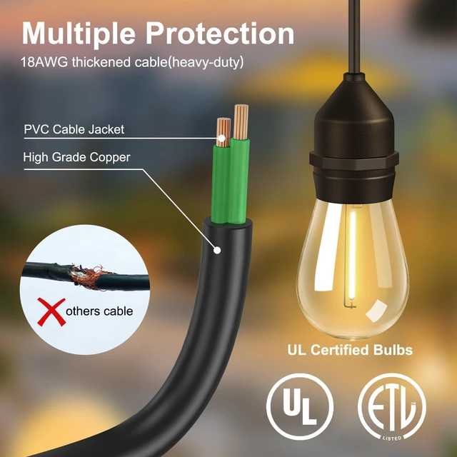 Alt view image 5 of 7 - 50FT Outdoor String Lights 32Bulbs (1.5FT Bulbs Spacing),120W Dimmer Remote | Patio Lights with IP65 Waterproof, Dimmable & Timing & 3 Mode, Connectable, Zipper Ties for Outside Commercial Backyard