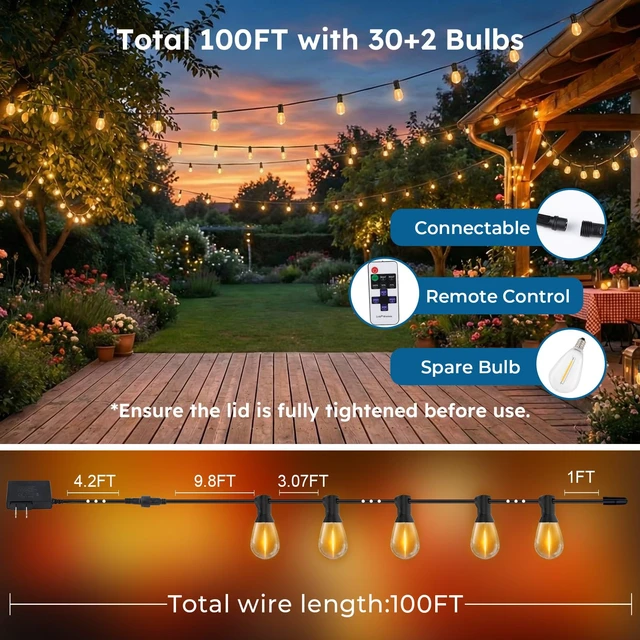 Alt view image 7 of 7 - 100FT Outdoor String Light with S11 LED Bulbs, Low-Voltage LED Patio Lights | Outdoor Lights with App & Remote, Music Sync, 4 Lighting Modes, Waterproof for Backyard, Porch, Garden, Deck, Party