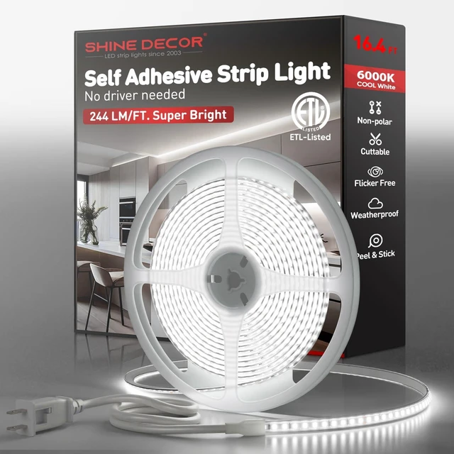 Main image of Shine Decor LED Strip Light Super Bright 4000LM, Plug&Play 120V Driverless Easy Wiring, Flicker Free Weatherproof for Outdoor Indoor, Min. 3.9 Cuttable Stickable, 6000K Cool White 16FT ETL Listed