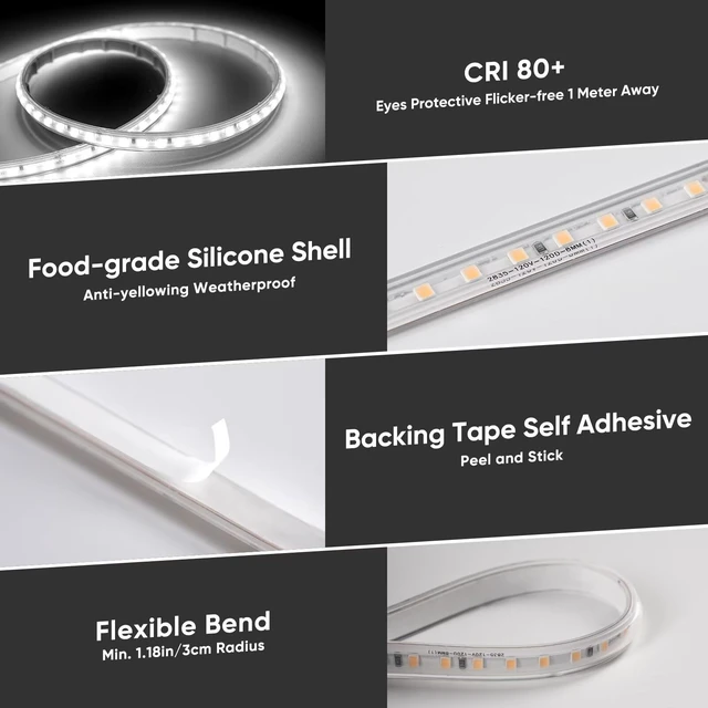 Alt view image 5 of 7 - Shine Decor LED Strip Light Super Bright 4000LM, Plug&Play 120V Driverless Easy Wiring, Flicker Free Weatherproof for Outdoor Indoor, Min. 3.9 Cuttable Stickable, 6000K Cool White 16FT ETL Listed