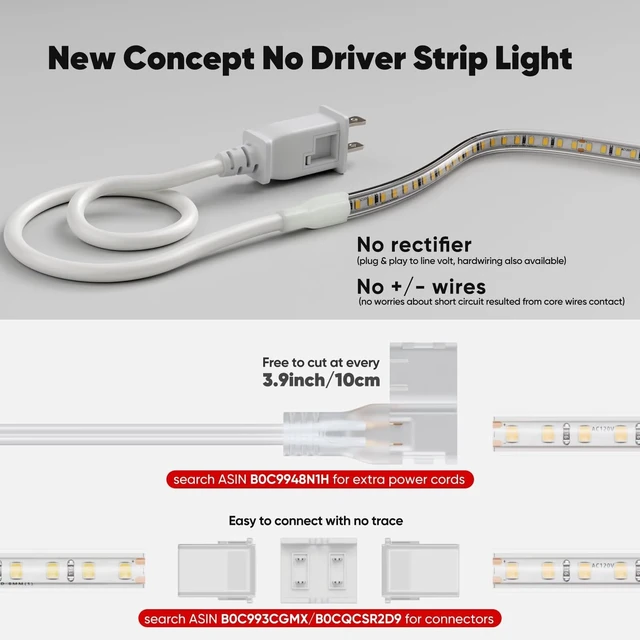 Alt view image 3 of 7 - Shine Decor LED Strip Light Super Bright 4000LM, Plug&Play 120V Driverless Easy Wiring, Flicker Free Weatherproof for Outdoor Indoor, Min. 3.9 Cuttable Stickable, 6000K Cool White 16FT ETL Listed
