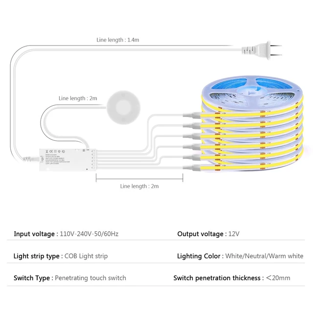 Alt view image 4 of 7 - AIMENGTE Cabinet Light 12V COB LED Strip Lights, 6-in-1 Penetrable Touch Dimming, Suitable for Wine Cabinets, Shoe Racks, Display Cabinets, Wardrobes, Kitchen Cabinets, and Showcase Lighting