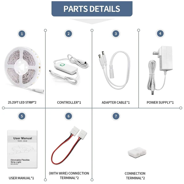 Alt view image 7 of 7 - Led Strip Lights 50.5ft Warm White Dimmable Led Light Strip Flexible Rope Lights Kits with 24v Etl Power Supply, Adhesive Clips, Dimmer Switch and Connectors for Indoor Decor