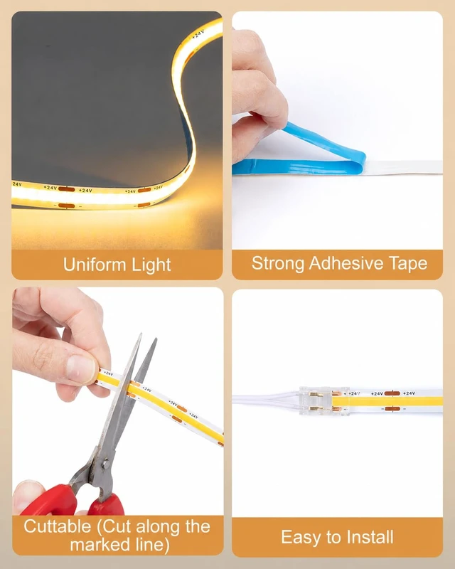 Alt view image 4 of 6 - JUSJUBR Shelf Lighting, 32.8ft 24V Dimmable Cuttable COB LED Strip Lights, Warm White 3000K, LED Lights for Shelves, Cabinets, Bookshelves, Display Cases, Closets, Wall Panels and Kitchens