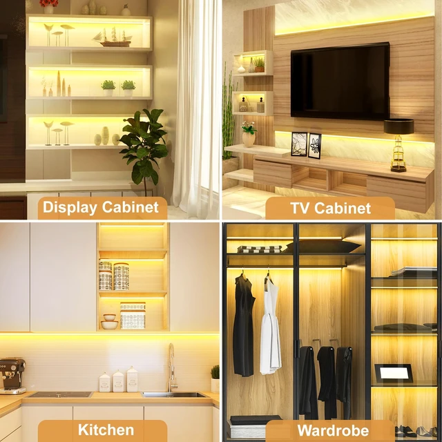 Alt view image 6 of 6 - JUSJUBR Shelf Lighting, 32.8ft 24V Dimmable Cuttable COB LED Strip Lights, Warm White 3000K, LED Lights for Shelves, Cabinets, Bookshelves, Display Cases, Closets, Wall Panels and Kitchens