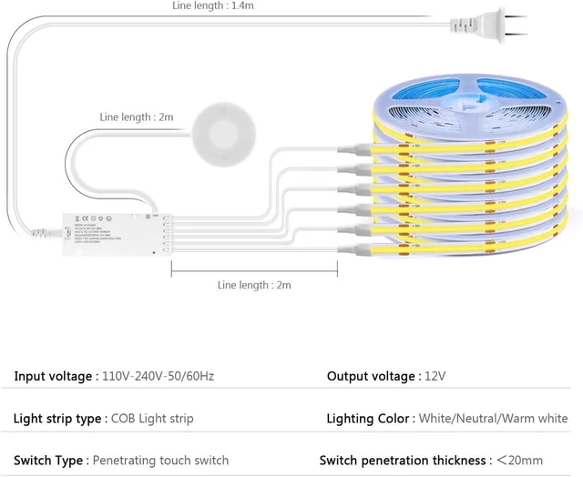 Alt view image 7 of 7 - tlinkosta Cabinet Light COB LED Strip Lights 6-in-1 Dimmable Touch Control | for Display Cabinets, Wardrobes, Kitchen, Wine Cabinets, Showcase & Shelf Lighting (Warm Light, 6.6ft)