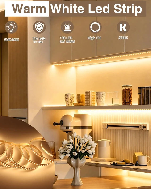 Alt view image 2 of 7 - VST 12V LED Strip Light, Cuttable SMD 2835 Tape 120 LEDs/m, ETL Listed | Flexible, 885lm/m, CRI90+, 3M Adhesive, High Density, Tape Lighting for Home, Kitchen, Cabinet, Bedroom(No Power Supply)
