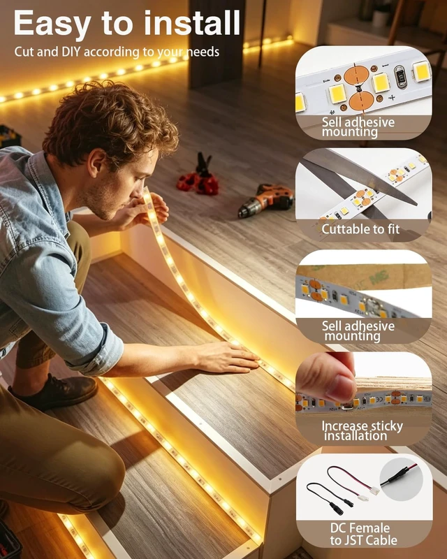 Alt view image 3 of 7 - VST 12V LED Strip Light, Cuttable SMD 2835 Tape 120 LEDs/m, ETL Listed | Flexible, 885lm/m, CRI90+, 3M Adhesive, High Density, Tape Lighting for Home, Kitchen, Cabinet, Bedroom(No Power Supply)