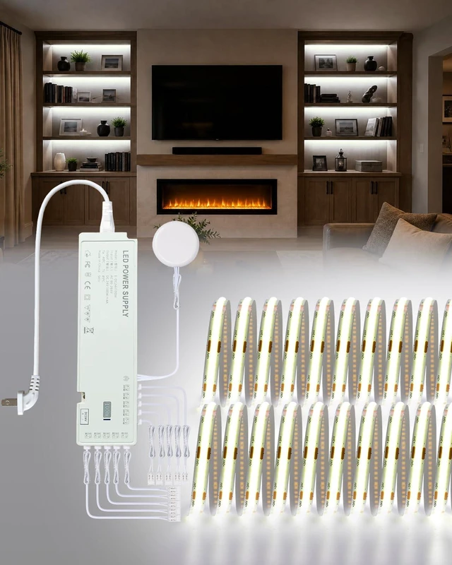 Main image of JUSJUBR Display Cabinet Lights, 32.8ft 24V Dimmable Cuttable COB LED Strip Lights, Cold White 6000K, Under Cabinet Lighting for Shelves, Bookshelves, Display Cases, Cabinets, Kitchens and Closets