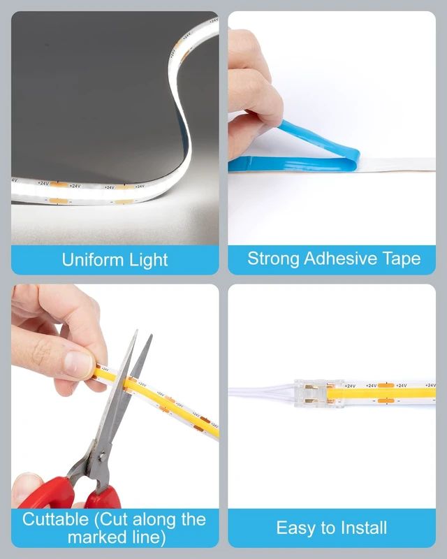 Alt view image 4 of 7 - JUSJUBR Display Cabinet Lights, 32.8ft 24V Dimmable Cuttable COB LED Strip Lights, Cold White 6000K, Under Cabinet Lighting for Shelves, Bookshelves, Display Cases, Cabinets, Kitchens and Closets
