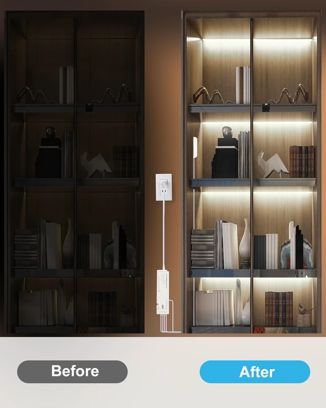 Alt view image 5 of 7 - JUSJUBR Display Cabinet Lights, 32.8ft 24V Dimmable Cuttable COB LED Strip Lights, Cold White 6000K, Under Cabinet Lighting for Shelves, Bookshelves, Display Cases, Cabinets, Kitchens and Closets