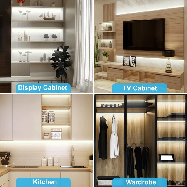 Alt view image 6 of 7 - JUSJUBR Display Cabinet Lights, 32.8ft 24V Dimmable Cuttable COB LED Strip Lights, Cold White 6000K, Under Cabinet Lighting for Shelves, Bookshelves, Display Cases, Cabinets, Kitchens and Closets