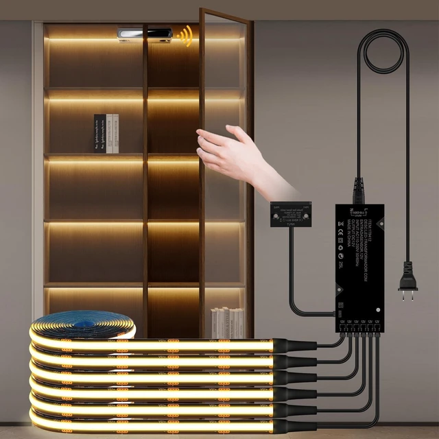 Main image of AIMENGTE 12V COB LED Cabinet Lights Black Strip with Dual-Door Sensor, 6 x 3.3ft Cuttable Under Cabinets Lighting for in-Cabinet, Locker, Closet, Showcase, Gun Safe (Warm White)