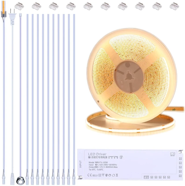 Main image of BENLUN 12V COB LED Under Cabinet Strip Lighting Cuttable 32.8ft for Kitchen | 3000K Warm White LED Strip Lights Dimmable Adhesive 8W/M CRI 93 with Dimmer and Power Supply for Bookcase Shelf Display
