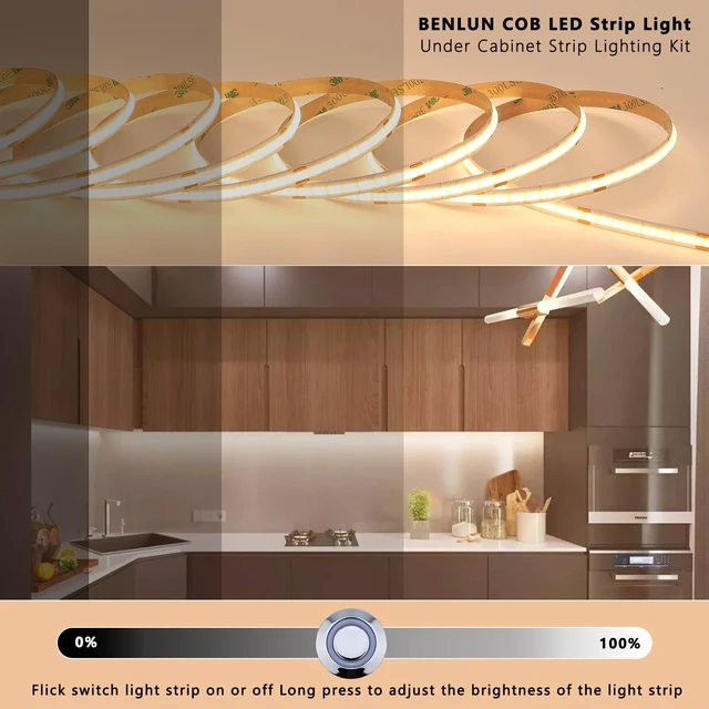 Alt view image 2 of 7 - BENLUN 12V COB LED Under Cabinet Strip Lighting Cuttable 32.8ft for Kitchen | 3000K Warm White LED Strip Lights Dimmable Adhesive 8W/M CRI 93 with Dimmer and Power Supply for Bookcase Shelf Display