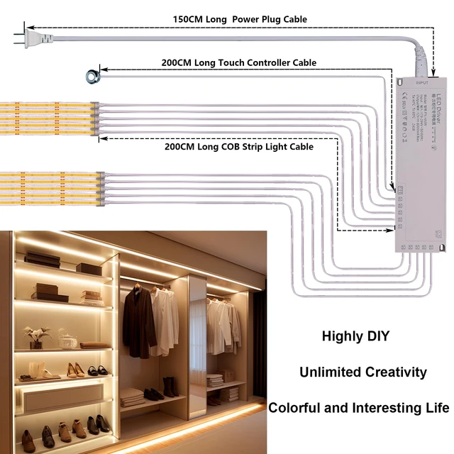 Alt view image 4 of 7 - BENLUN 12V COB LED Under Cabinet Strip Lighting Cuttable 32.8ft for Kitchen | 3000K Warm White LED Strip Lights Dimmable Adhesive 8W/M CRI 93 with Dimmer and Power Supply for Bookcase Shelf Display