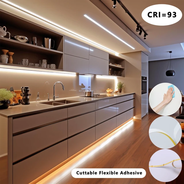 Alt view image 5 of 7 - BENLUN 12V COB LED Under Cabinet Strip Lighting Cuttable 32.8ft for Kitchen | 3000K Warm White LED Strip Lights Dimmable Adhesive 8W/M CRI 93 with Dimmer and Power Supply for Bookcase Shelf Display