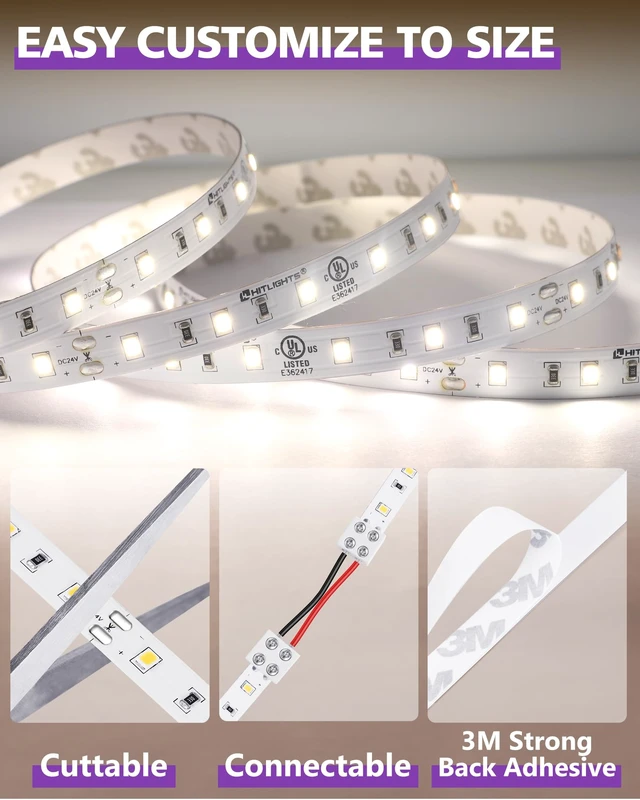 Alt view image 6 of 7 - HitLights LED Strip Lights Neutral White 4000K, Backed 3oz PCB, 24V 26.2FT | UL Listed, 480 LEDs, 404 lm/ft, CRI95+, IP20, Dimmable Tape Lighting for Kitchen, Under Cabinet, Power Source Not Included