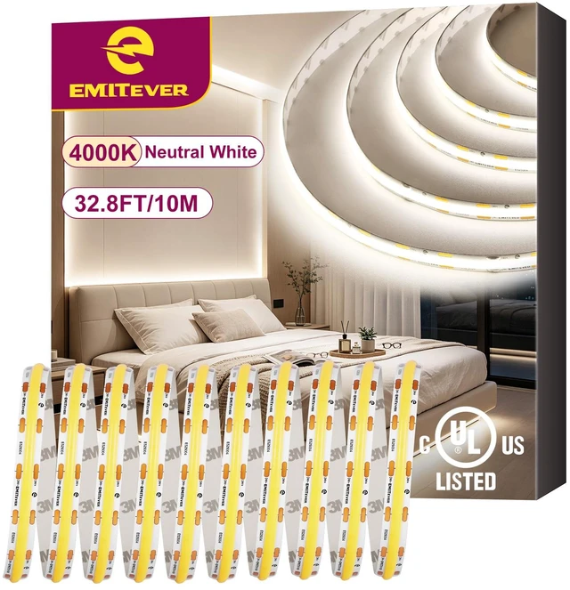 Main image of EMITEVER 24V COB LED Strip Lights 4000K,32.8ft 4800LEDs,UL Listed | Ra 90+,IP30,3W/ft,305+Lumens/ft,5 Year Warranty(Power Supply Sold Separately)for bedroom,living room,kitchen