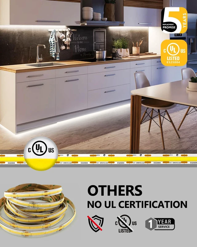 Alt view image 4 of 7 - EMITEVER 24V COB LED Strip Lights 4000K,32.8ft 4800LEDs,UL Listed | Ra 90+,IP30,3W/ft,305+Lumens/ft,5 Year Warranty(Power Supply Sold Separately)for bedroom,living room,kitchen