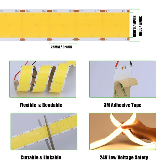 Alt view image 4 of 7 - JOYLIT 24V COB LED Strip 6000K 5 Rows 16.4ft Dimmable No Dot Indoor | 1600 LEDs/m, 1341LM/FT Bright, 12.2W/FT, 1.18" Wide, CRI 90+ Cool White, Cuttable, 3M Adhesive (LED Driver Not Included)