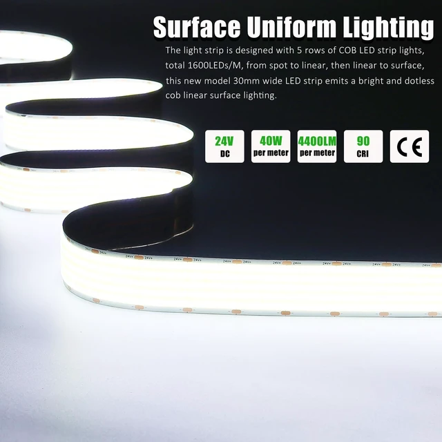 Alt view image 2 of 7 - JOYLIT 24V COB LED Strip 6000K 5 Rows 16.4ft Dimmable No Dot Indoor | 1600 LEDs/m, 1341LM/FT Bright, 12.2W/FT, 1.18" Wide, CRI 90+ Cool White, Cuttable, 3M Adhesive (LED Driver Not Included)