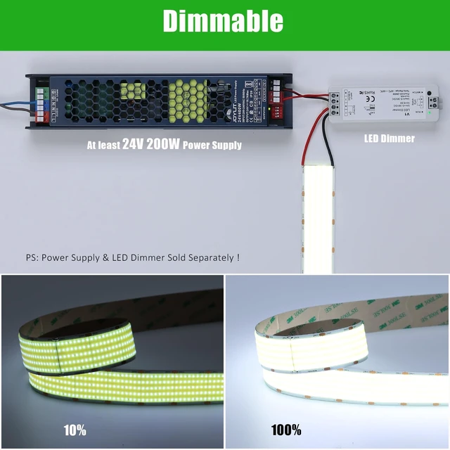 Alt view image 6 of 7 - JOYLIT 24V COB LED Strip 6000K 5 Rows 16.4ft Dimmable No Dot Indoor | 1600 LEDs/m, 1341LM/FT Bright, 12.2W/FT, 1.18" Wide, CRI 90+ Cool White, Cuttable, 3M Adhesive (LED Driver Not Included)