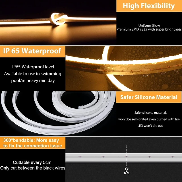 Alt view image 4 of 7 - Lamomo LED Strip Lights 32.8ft, Warm White Dimmable Neon Rope, Waterproof | Flexible, Silicone, 1.96in/Cut, Connectable, 3000K, 24V Neon Sign for Bedroom, Cabinet, DIY, Commercial Decor