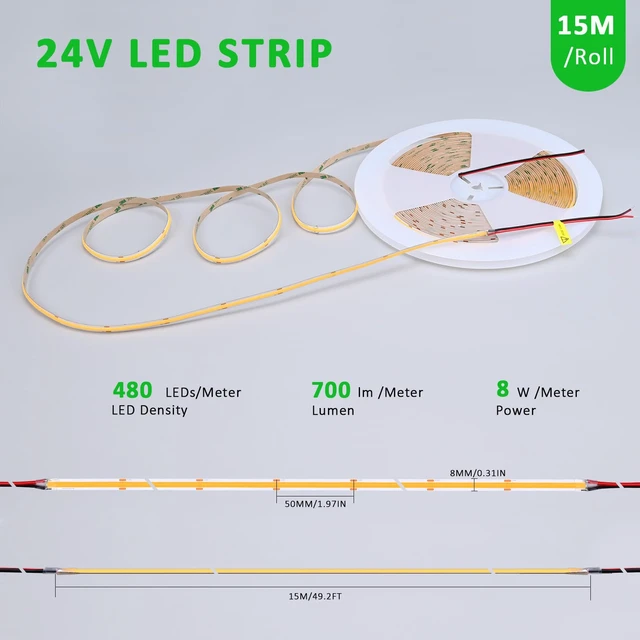 Alt view image 2 of 7 - JOYLIT 50FT COB LED Strip Lights 24V 3000K Dotless 480LEDs/M Indoor IP20 | Consistent Brightness, CRI90+, Warm White, Dimmable, Cuttable, 3M Adhesive, For Bedroom, Cabinet (Power Supply Not Included)