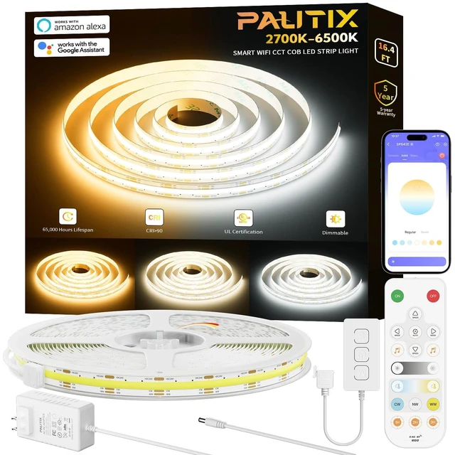Main image of PAUTIX CCT COB LED Strip Light White Tunable 3200LEDs,CRI90+ 16.4ft/5m Dimmable 2700K-6500K 24V LED Tape Lights Kit,Work with Alexa/Google Assistant,for Under Cabinet Bedroom Kitchen DIY Lighting