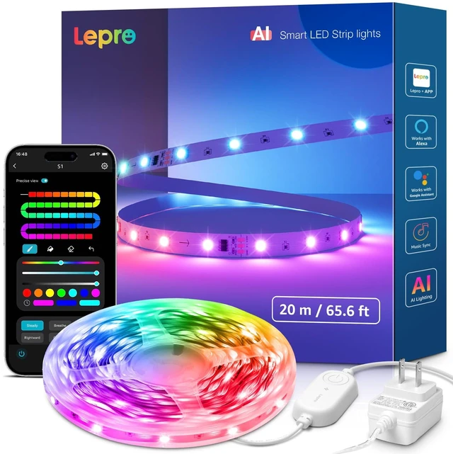 Main image of Lepro S1 AI Smart LED Strip Lights with IC 65.6FT 2.4G WiFi Bluetooth | AI lighting designer,Rainbow chasing effects,Color segment DIY,Music sync,High density LEDs,Holiday Decor,Bedroom,Room,Gaming