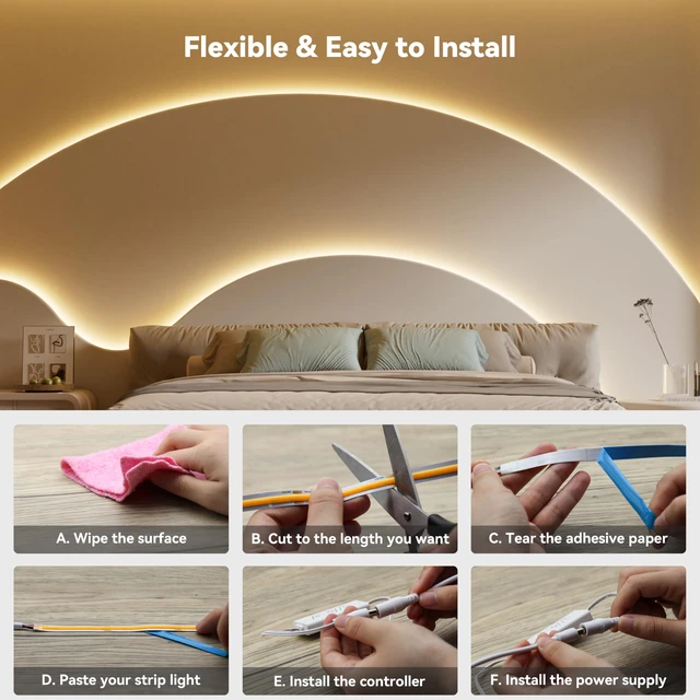 Alt view image 6 of 7 - PAUTIX COB LED Strip Lights with RF Remote,32.8ft UL Listed Dotless LED Lights Warm White 2700K,Super Bright Dimmable 24V Adhesive LED Tape Light,Kitchen Cabinets Shelf Mirror Office Bedroom Lighting