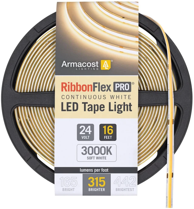 Main image of Armacost Lighting RibbonFlex Pro 24V White COB LED Strip Light Tape 3000K, 315 Lumens/Ft, 5M 172230