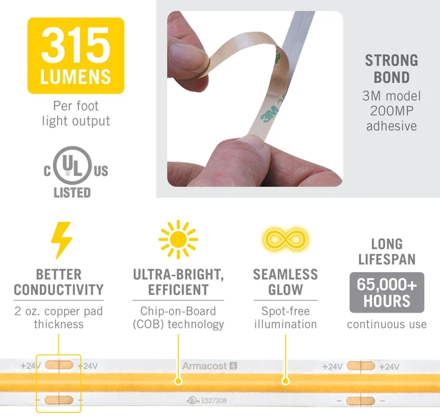 Alt view image 6 of 7 - Armacost Lighting RibbonFlex Pro 24V White COB LED Strip Light Tape 3000K, 315 Lumens/Ft, 5M 172230