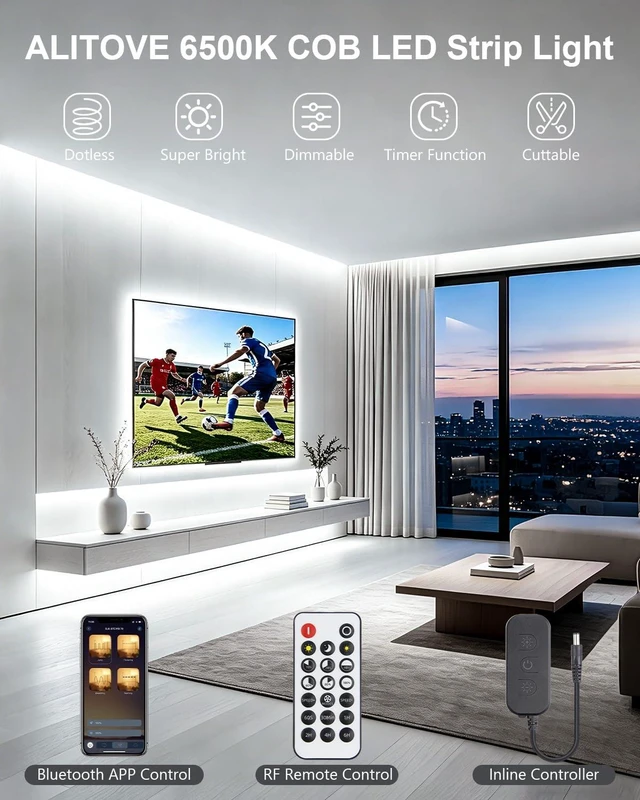 Alt view image 2 of 7 - ALITOVE 50FT COB LED Light Strip 24V with Remote Bright White Strip 6500K | Bluetooth APP Control, Dimmable Dotless LED Tape Light. Flexible Rope Light, for Office Home Kitchen Cabinet DIY Lighting