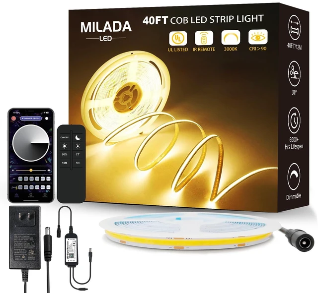 Main image of MILADALED COB LED Strip Light 3000K 40FT/12M Warm White Led Strip | Dimmable with IR Remote 24V UL Certified Adapter Suitable Adhesive Indoor for Bedroom Living Room, Shelf, Cabinet