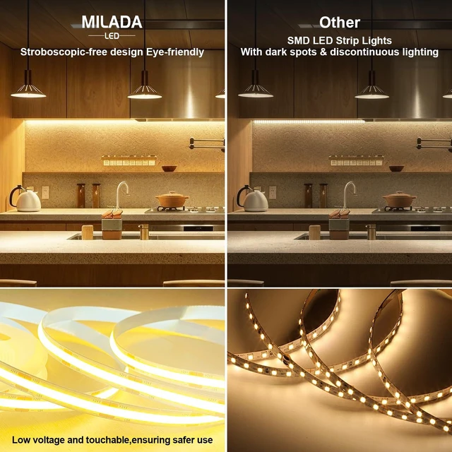Alt view image 3 of 7 - MILADALED COB LED Strip Light 3000K 40FT/12M Warm White Led Strip | Dimmable with IR Remote 24V UL Certified Adapter Suitable Adhesive Indoor for Bedroom Living Room, Shelf, Cabinet