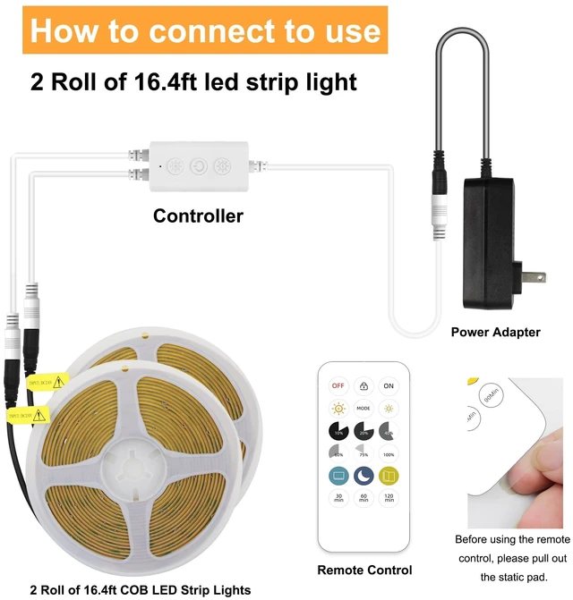 Alt view image 2 of 6 - AXMOTUT 32.8ft COB LED Strip Light Warm White, High Bright LED Strips with 320LEDs, RF Remote and UL Power Supply, 2700K Dimmable LED Lights for Bedroom,Kitchen, DIY Home Decoration, 2 Rolls of 16.4ft