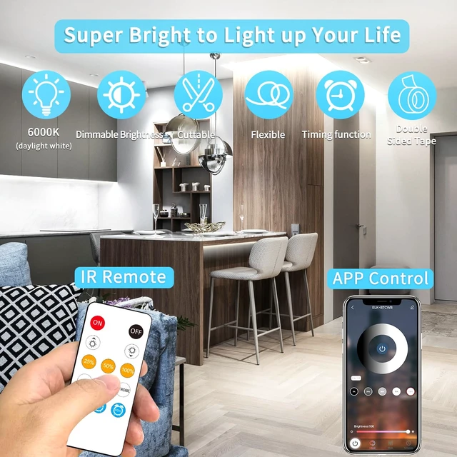 Alt view image 2 of 7 - Yeewhale COB LED Strip Lights 100ft,6000K DC 24V Dimmable White,Flexible LED Lights Strip for Bedroom,with Remote&app Control LED Rope Lights for Living Room,Shelf,Cabine(2 Rolls of 50ft)