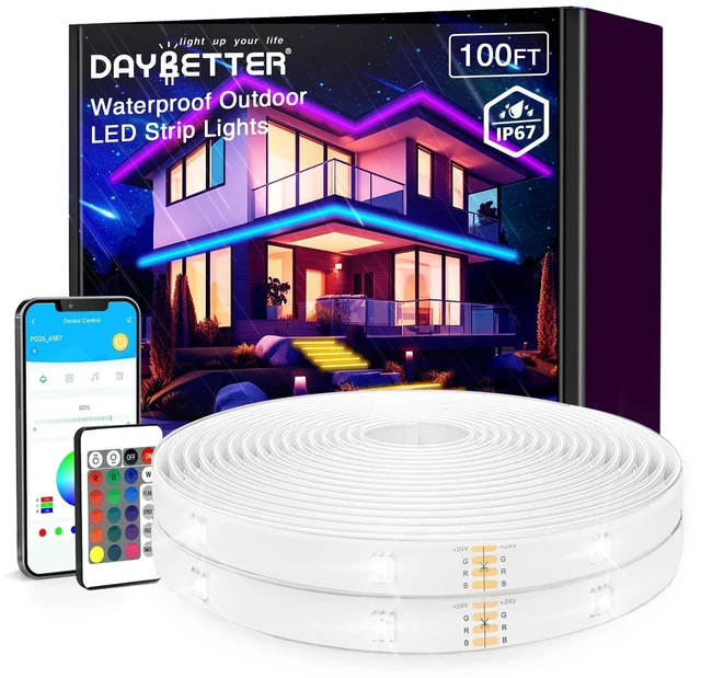 Main image of Outdoor LED Strip Lights Waterproof 100ft, IP67 Waterproof LED Light Strips with Remote, Music Sync APP Control, RGB Color Changing LED Lights for Eaves, Roof, Pool, Patio, Outdoor Decorations