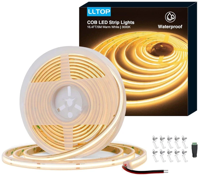 Main image of LLTOP COB LED Strip Lights Waterproof IP67 24VDC Warm White 3000K 16.4FT | CRI 92Ra+, Outdoor LED Tape Lighting, DIY Cuttable, For Bedroom Kitchen Cabinet Shelf (Power Supply Not Included)