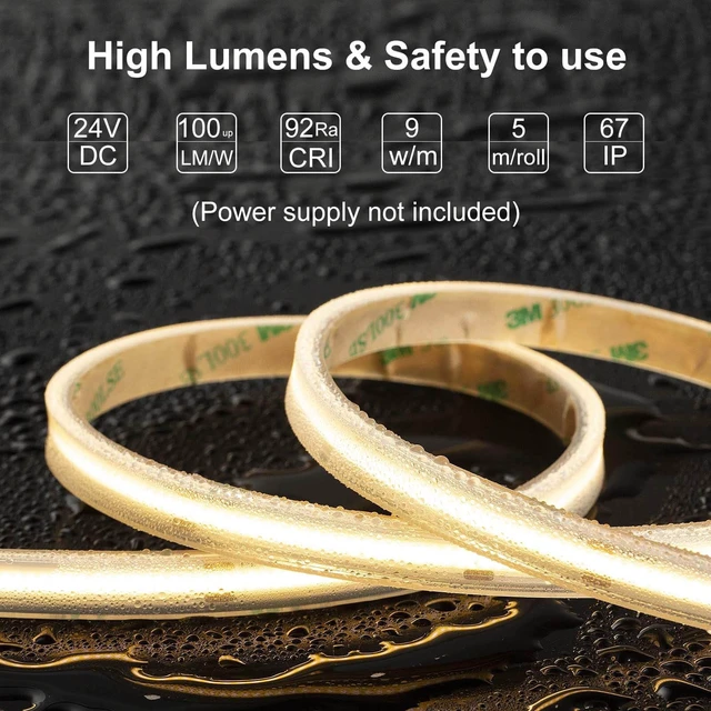 Alt view image 2 of 6 - LLTOP COB LED Strip Lights Waterproof IP67 24VDC Warm White 3000K 16.4FT | CRI 92Ra+, Outdoor LED Tape Lighting, DIY Cuttable, For Bedroom Kitchen Cabinet Shelf (Power Supply Not Included)