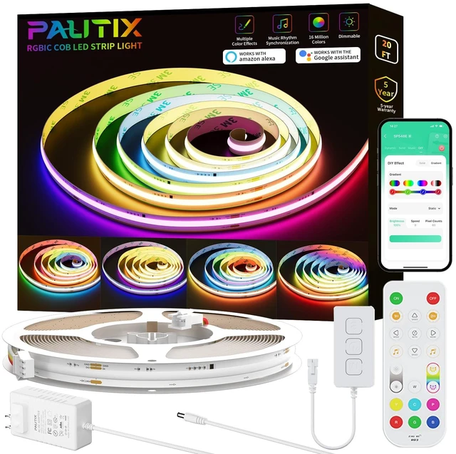 Main image of PAUTIX RGB Smart IC COB LED Strip Lights,Work with Alexa/Google Assistant,20ft/6.1m Addressable UL-Listed 24V Chasing Color Flexible Tape Light Multicolor,for Cabinet,TV,Bedroom,Party DIY Decoration
