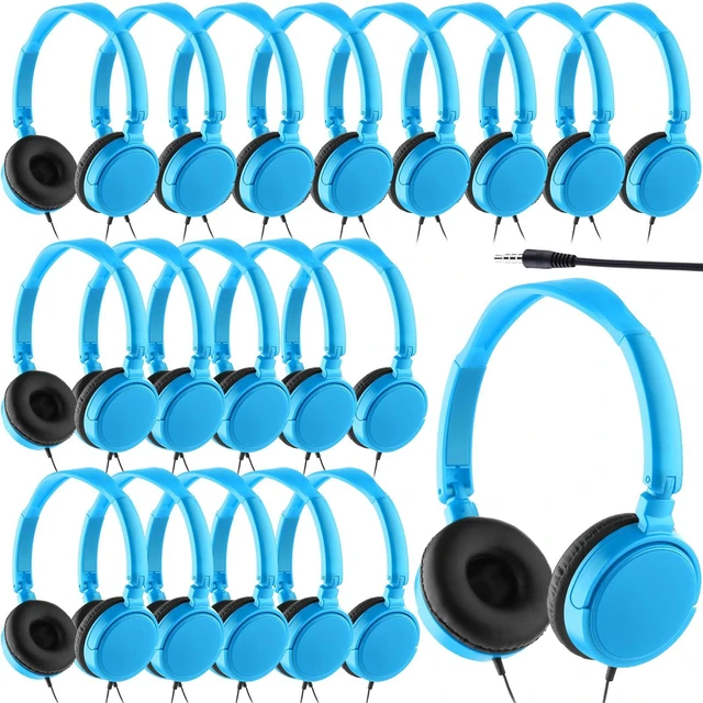 Main image of Yunsailing 18 Pack Classroom Headphones Bulk, Wired Headphones,Blue | Student School Supplies, Individually Wrapped, Adjustable, over Ear Head Earbuds, for Laptop PC Computer