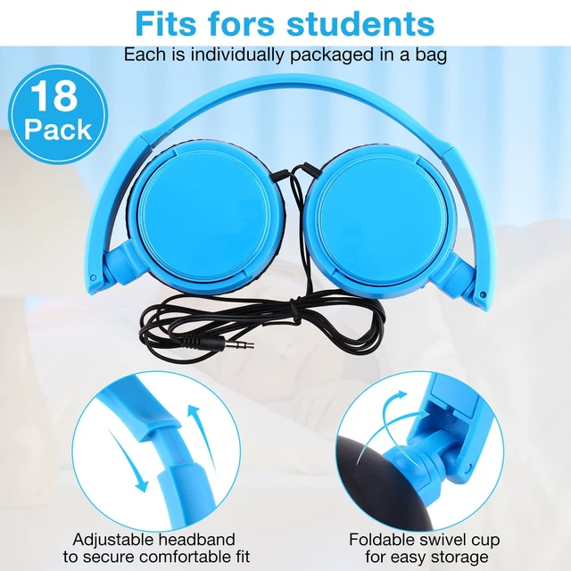 Alt view image 2 of 7 - Yunsailing 18 Pack Classroom Headphones Bulk, Wired Headphones,Blue | Student School Supplies, Individually Wrapped, Adjustable, over Ear Head Earbuds, for Laptop PC Computer