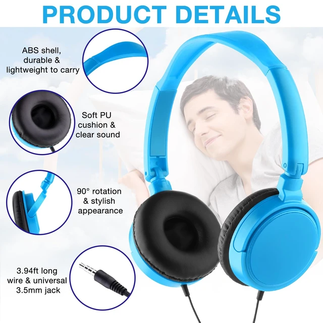Alt view image 3 of 7 - Yunsailing 18 Pack Classroom Headphones Bulk, Wired Headphones,Blue | Student School Supplies, Individually Wrapped, Adjustable, over Ear Head Earbuds, for Laptop PC Computer