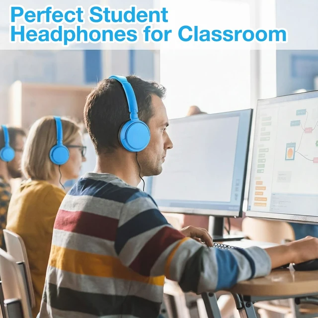 Alt view image 4 of 7 - Yunsailing 18 Pack Classroom Headphones Bulk, Wired Headphones,Blue | Student School Supplies, Individually Wrapped, Adjustable, over Ear Head Earbuds, for Laptop PC Computer