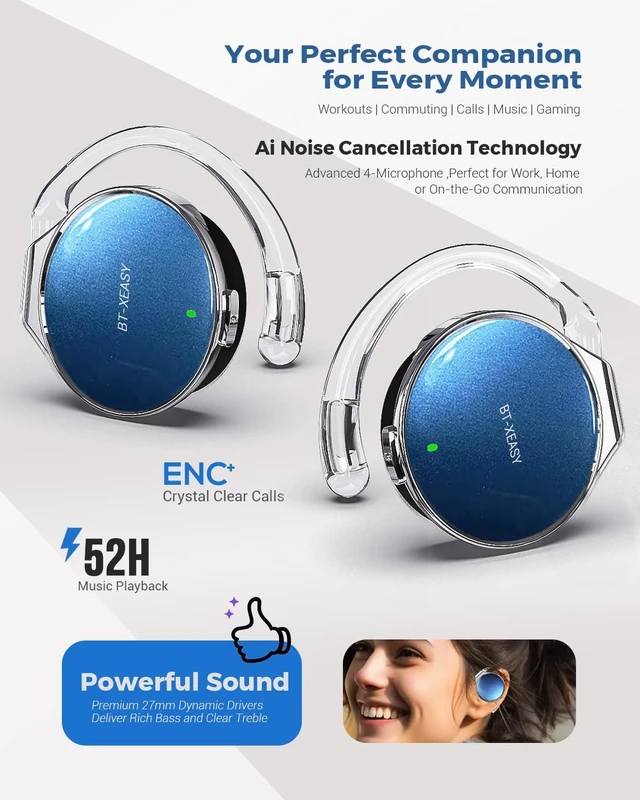 Alt view image 4 of 6 - On Ear Bluetooth Headphones 5.4, Open Ear Headphones Wireless with 4 Microphones, Water-Drop Shaped Clip On Noise Cancelling Sport Headset Bluetooth, Comfort Fit Earphones with Long Battery Life