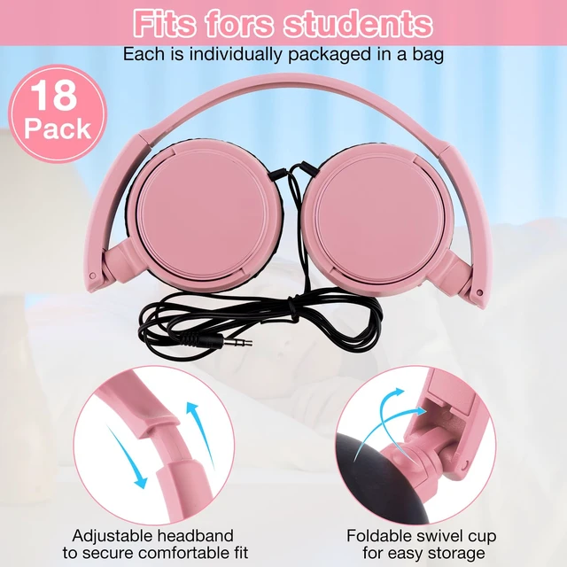 Alt view image 2 of 7 - Yunsailing 18 Pack Classroom Headphones Bulk, Wired Headphones,Pink | Student School Supplies, Individually Wrapped, Adjustable, over Ear Head Earbuds, for Laptop PC Computer