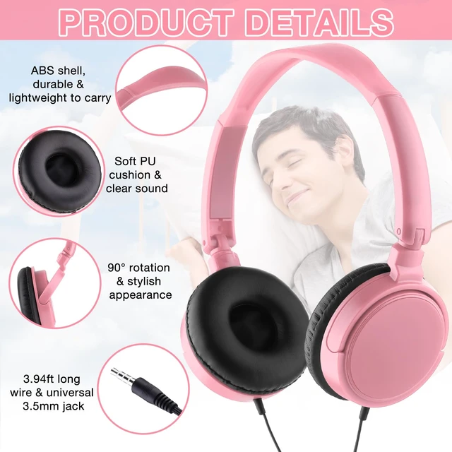 Alt view image 3 of 7 - Yunsailing 18 Pack Classroom Headphones Bulk, Wired Headphones,Pink | Student School Supplies, Individually Wrapped, Adjustable, over Ear Head Earbuds, for Laptop PC Computer